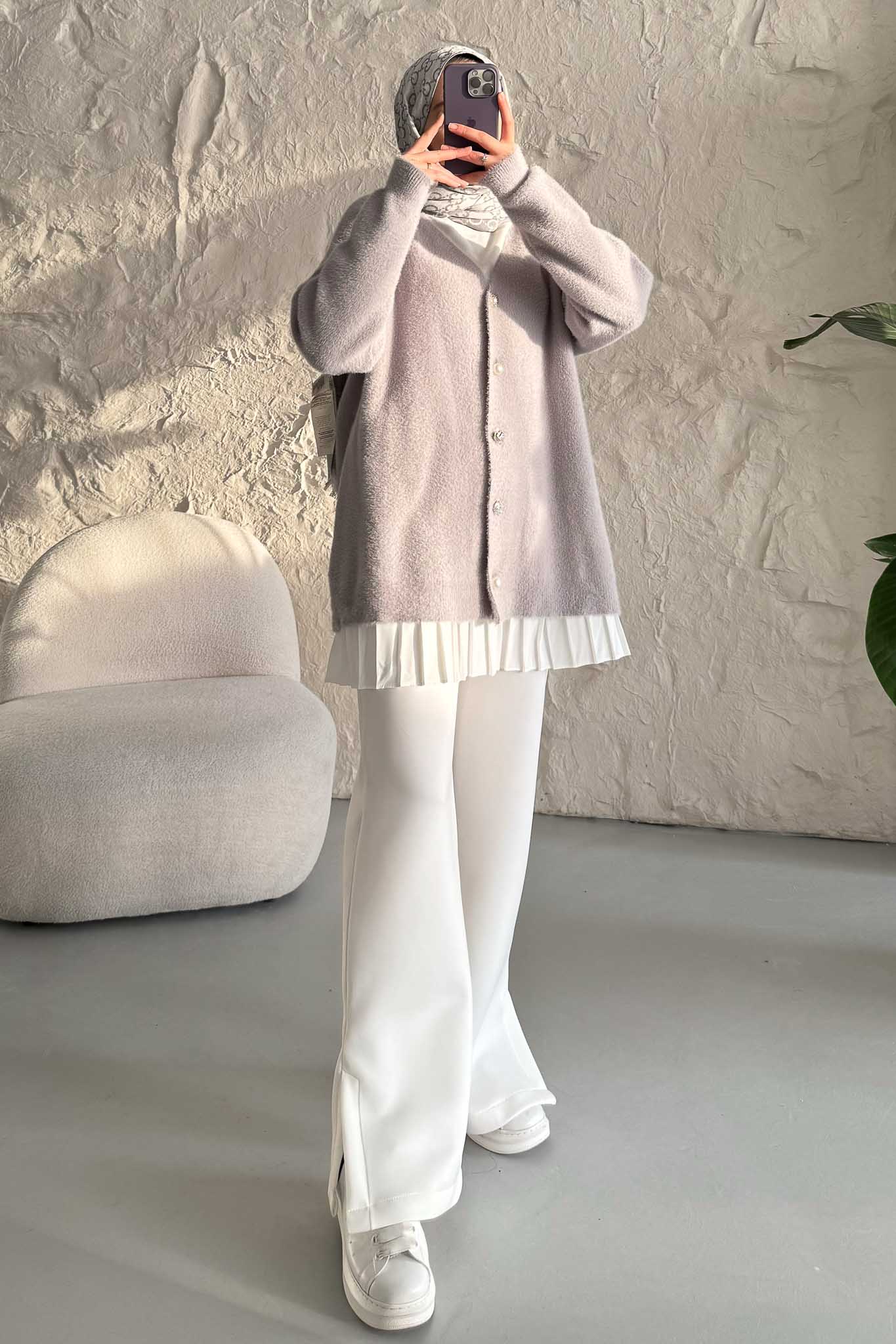 Peluş Triko Hırka Gri