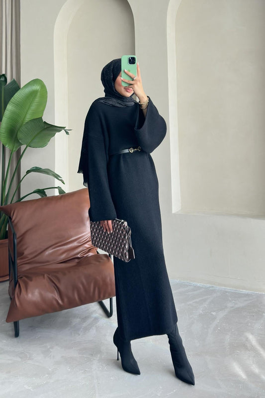 Angora Dokulu Elbise Siyah