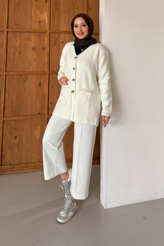 Gold Varaklı Angora Hırka Ekru