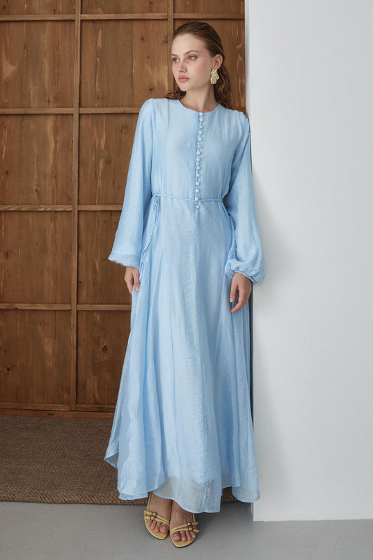 Sedef Şifon Düğmeli Elbise Bebe Mavi