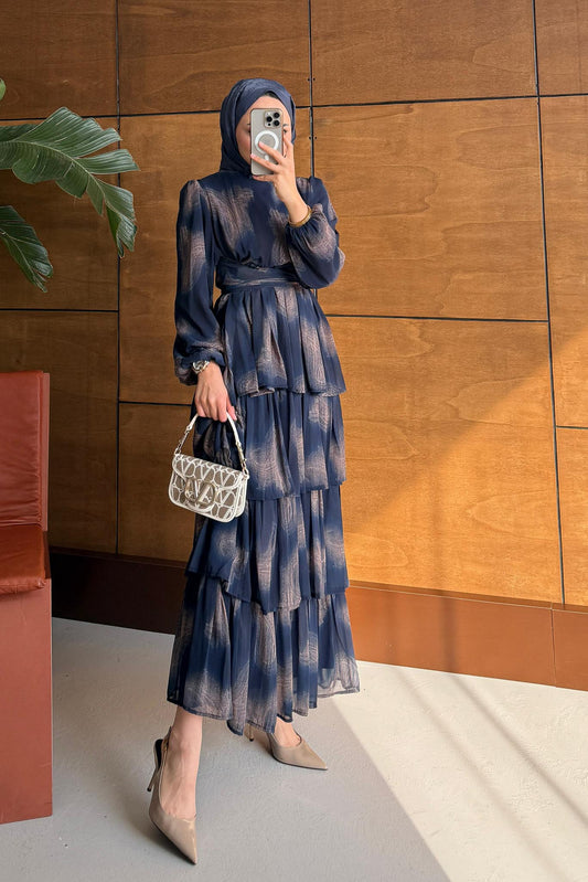 Fırça Desenli Elbise Lacivert