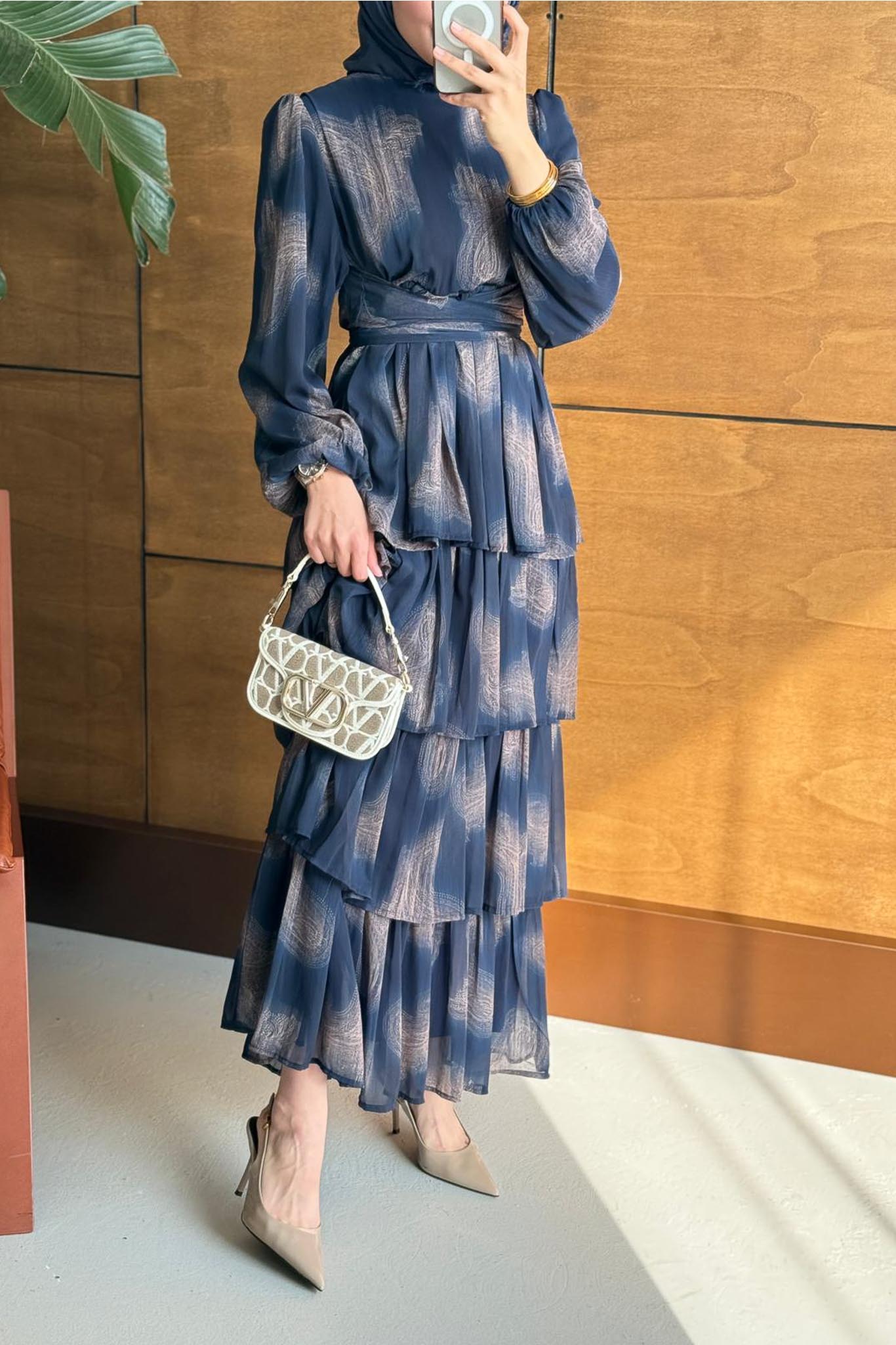 Fırça Desenli Elbise Lacivert