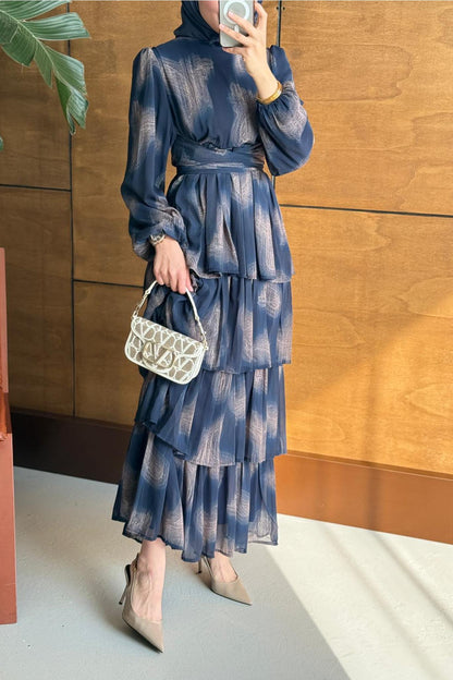 Fırça Desenli Elbise Lacivert