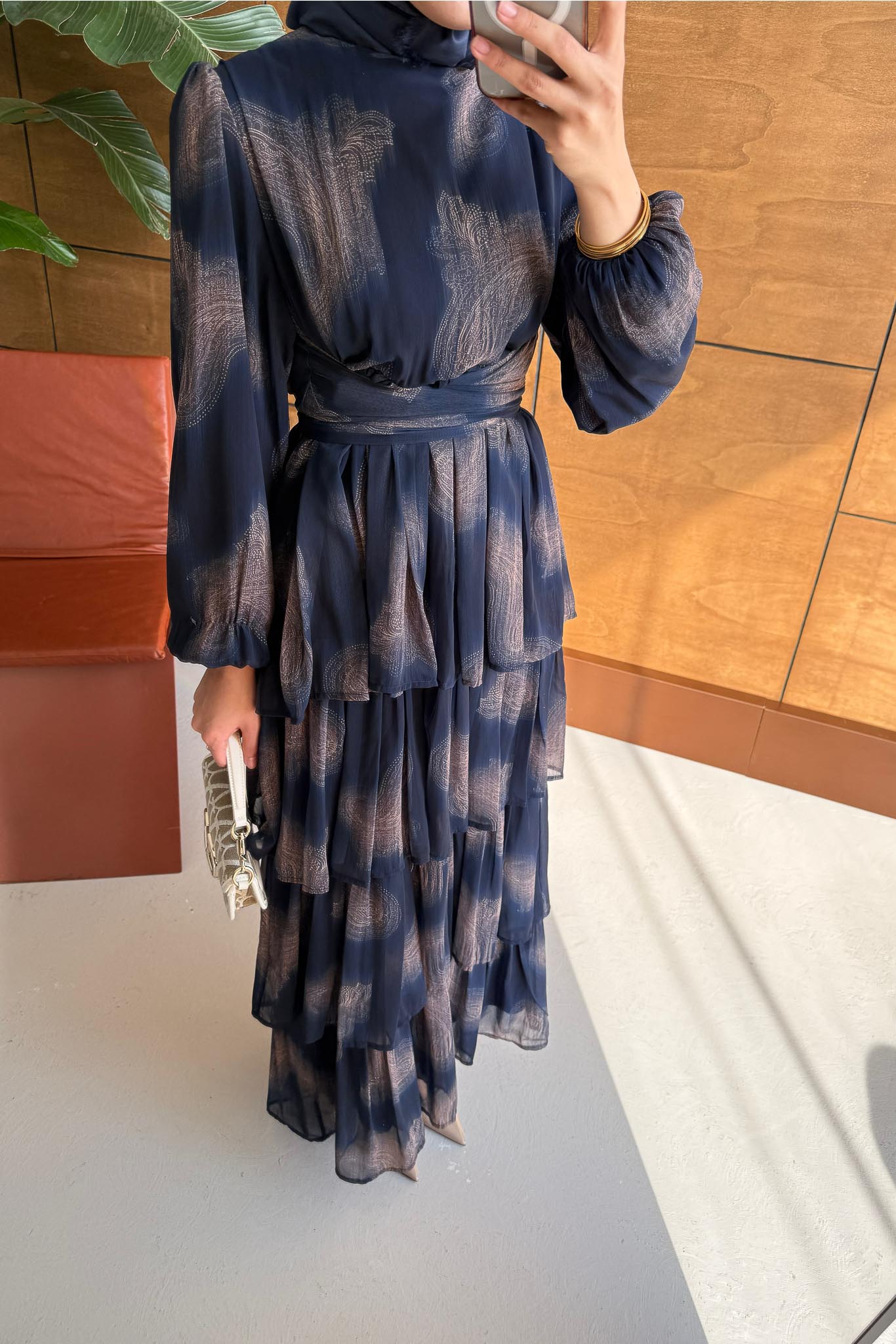 Fırça Desenli Elbise Lacivert