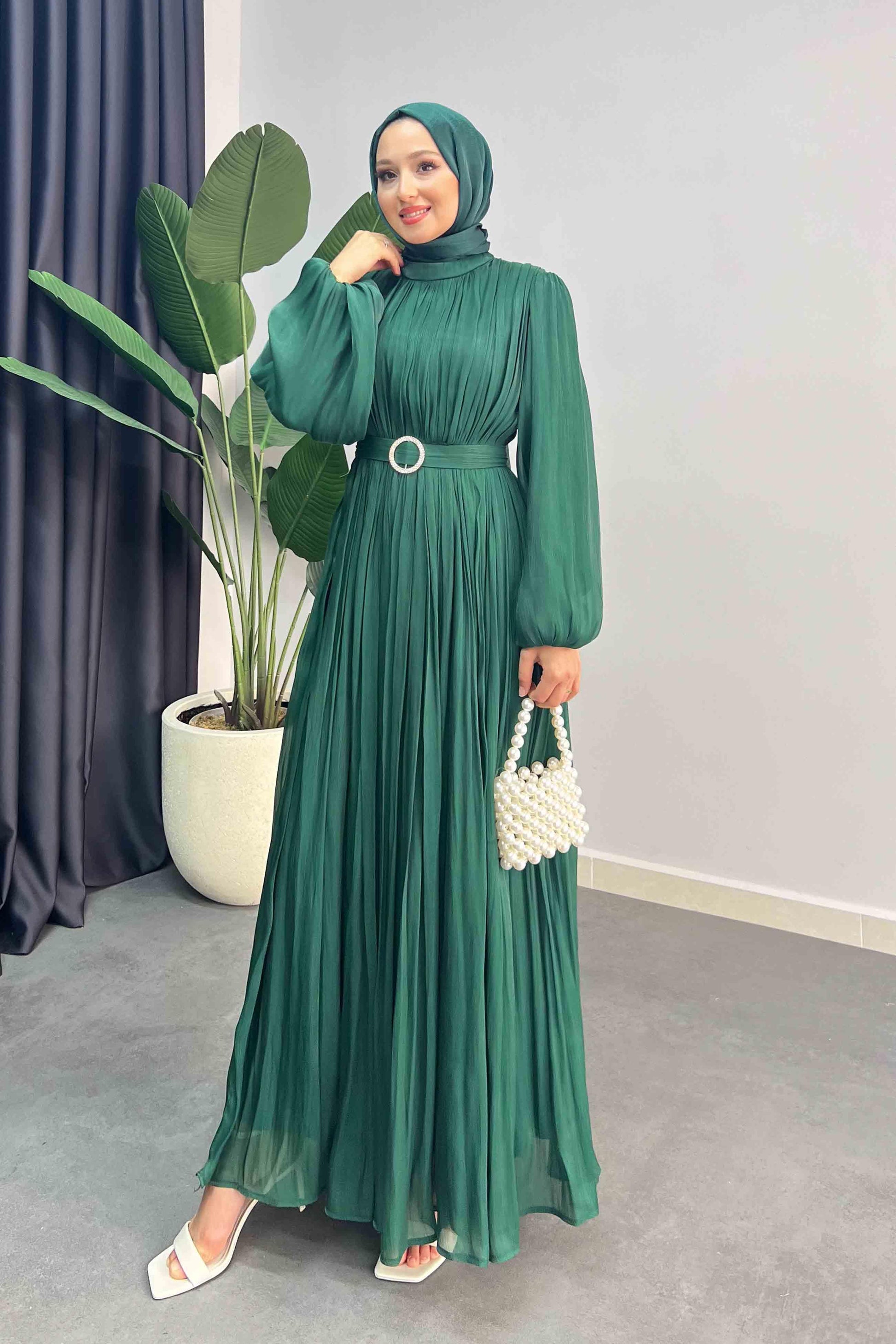 Gold Deren Abiye Elbise Zümrüt