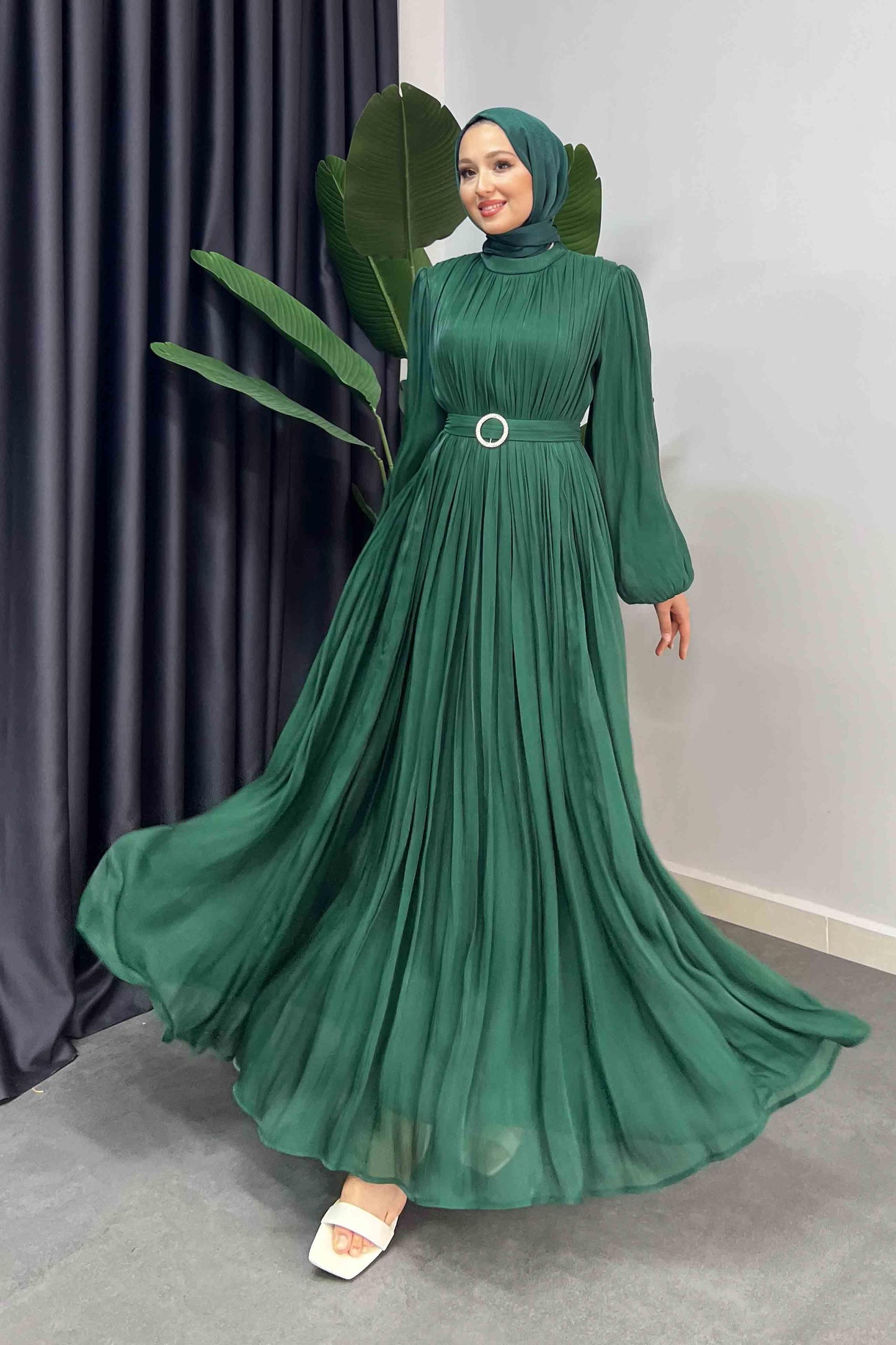 Gold Deren Abiye Elbise Zümrüt