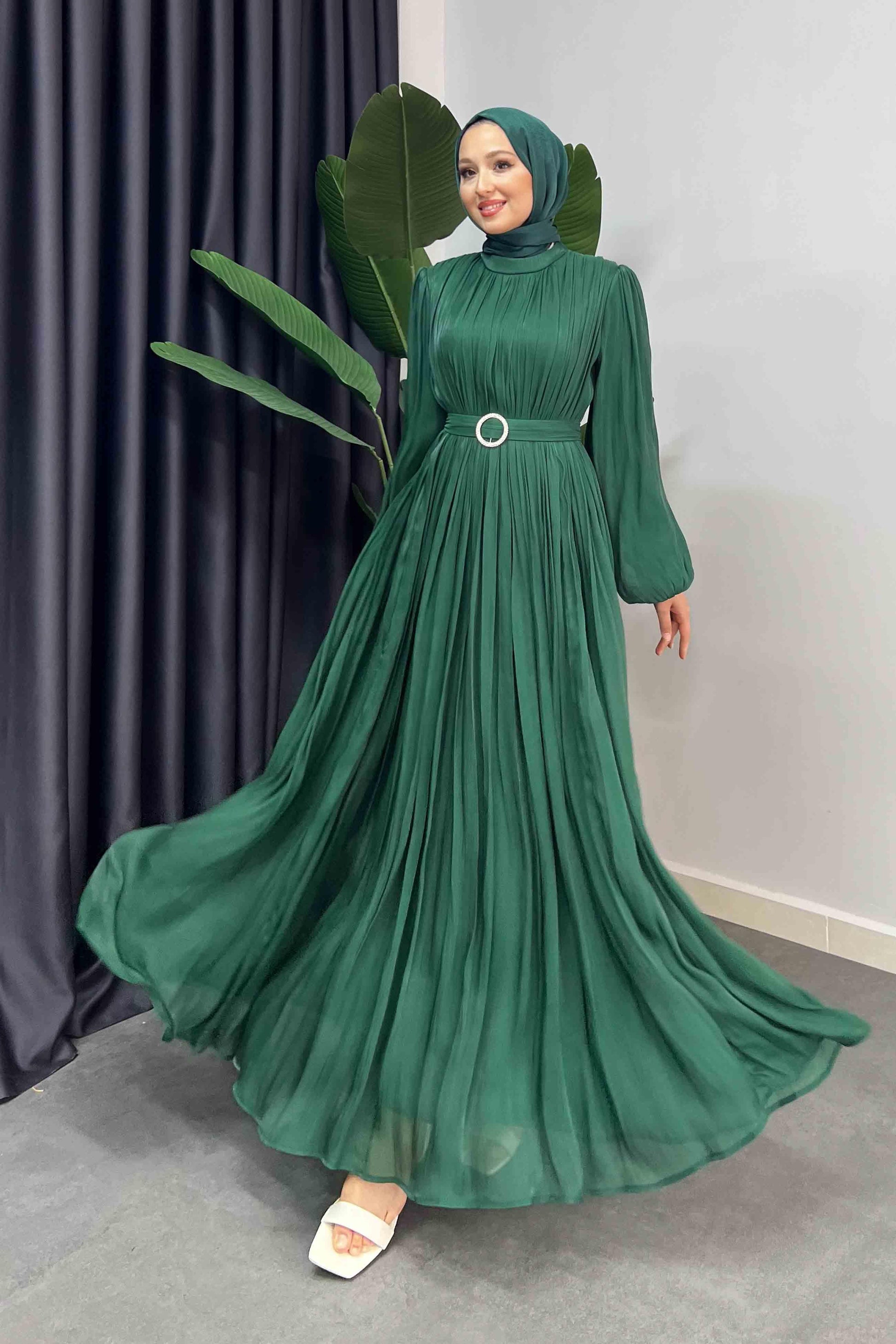 Gold Deren Abiye Elbise Zümrüt