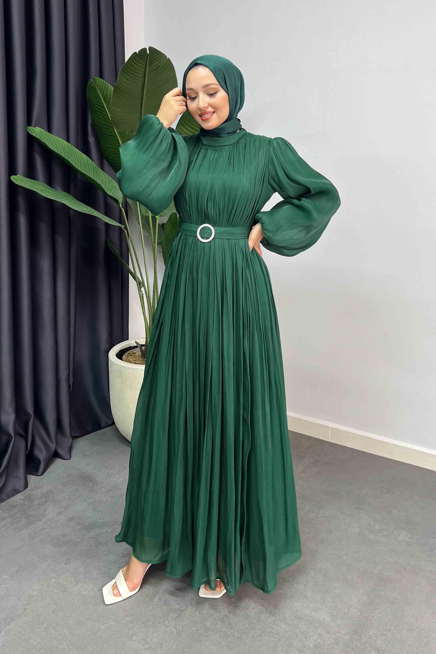 Gold Deren Abiye Elbise Zümrüt