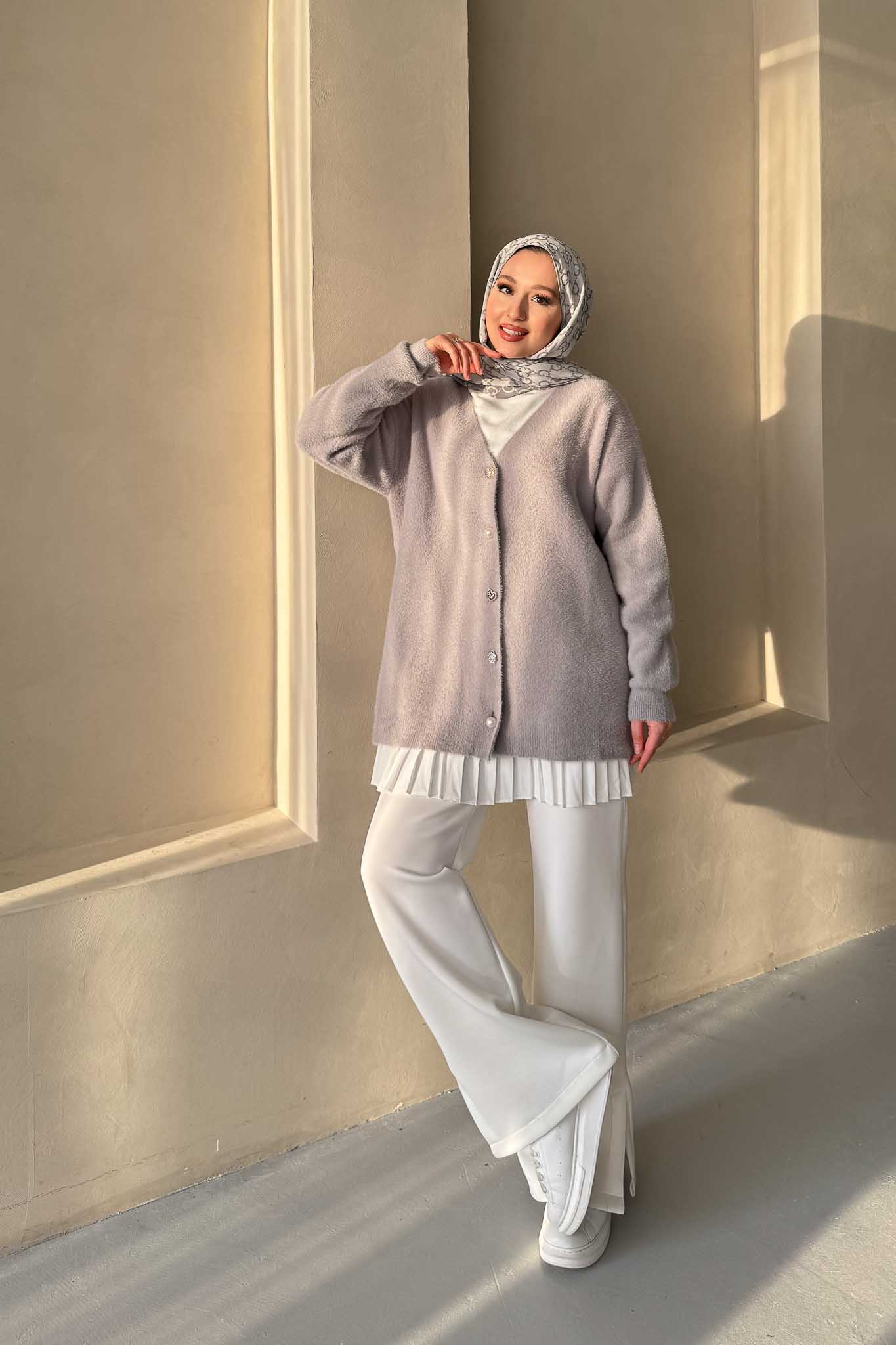 Peluş Triko Hırka Gri