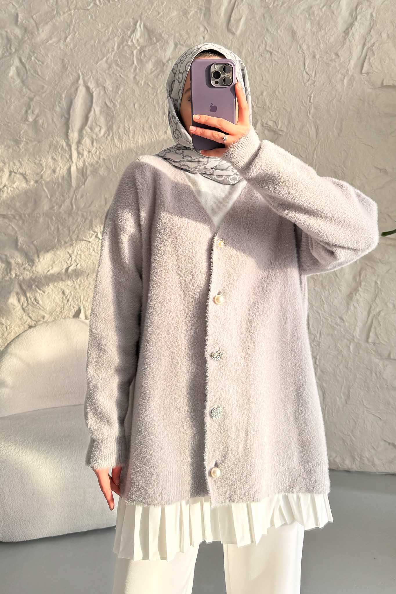 Peluş Triko Hırka Gri