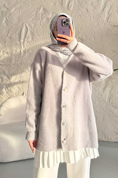 Peluş Triko Hırka Gri