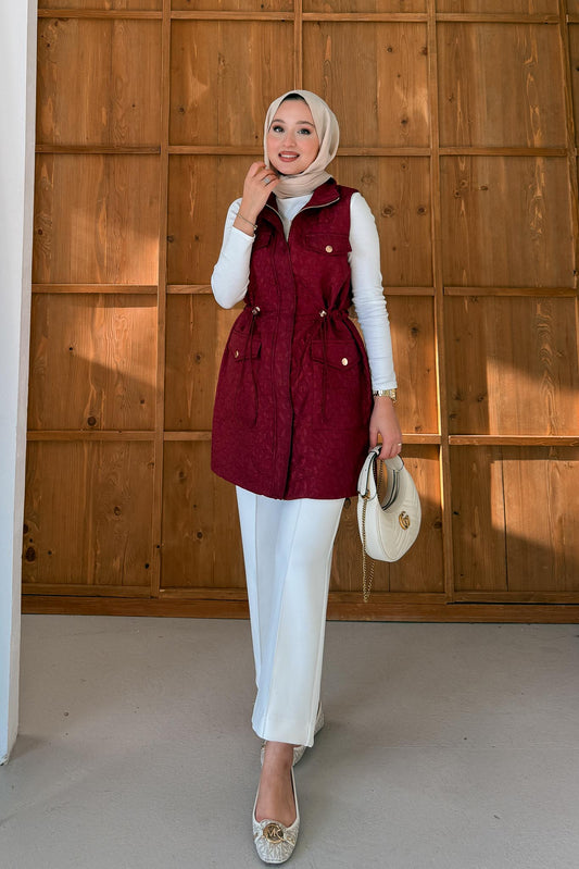 Yaprak Kapitone Yelek Bordo