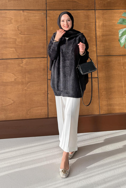 Fermuarlı Angora Kazak Siyah