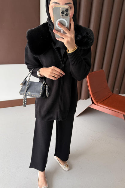 Yakası Kürklü Triko Takım Siyah