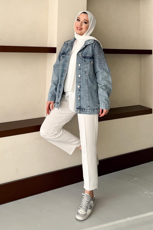 Taşlı Kot Ceket Buz Mavi