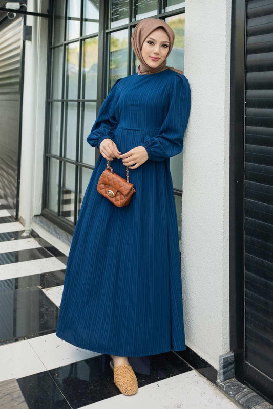 Melodi Pamuk Keten Elbise Lacivert