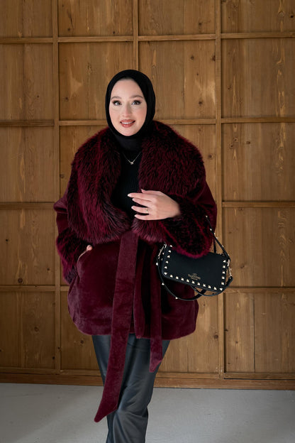 Kürklü Peluş Mont Bordo