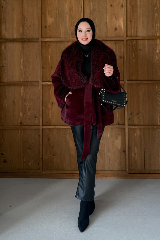 Kürklü Peluş Mont Bordo