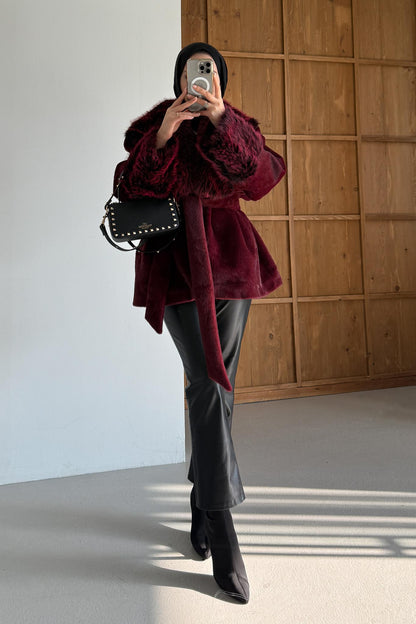 Kürklü Peluş Mont Bordo