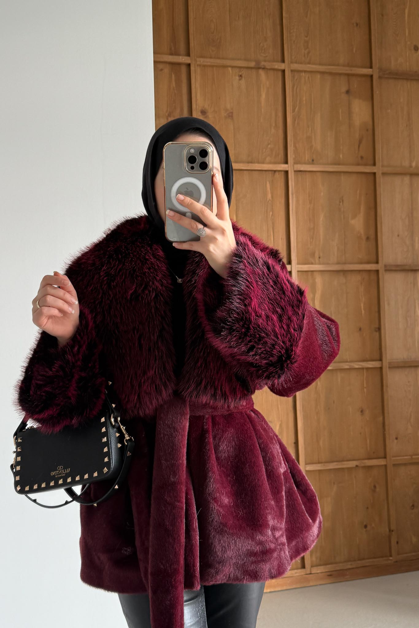 Kürklü Peluş Mont Bordo