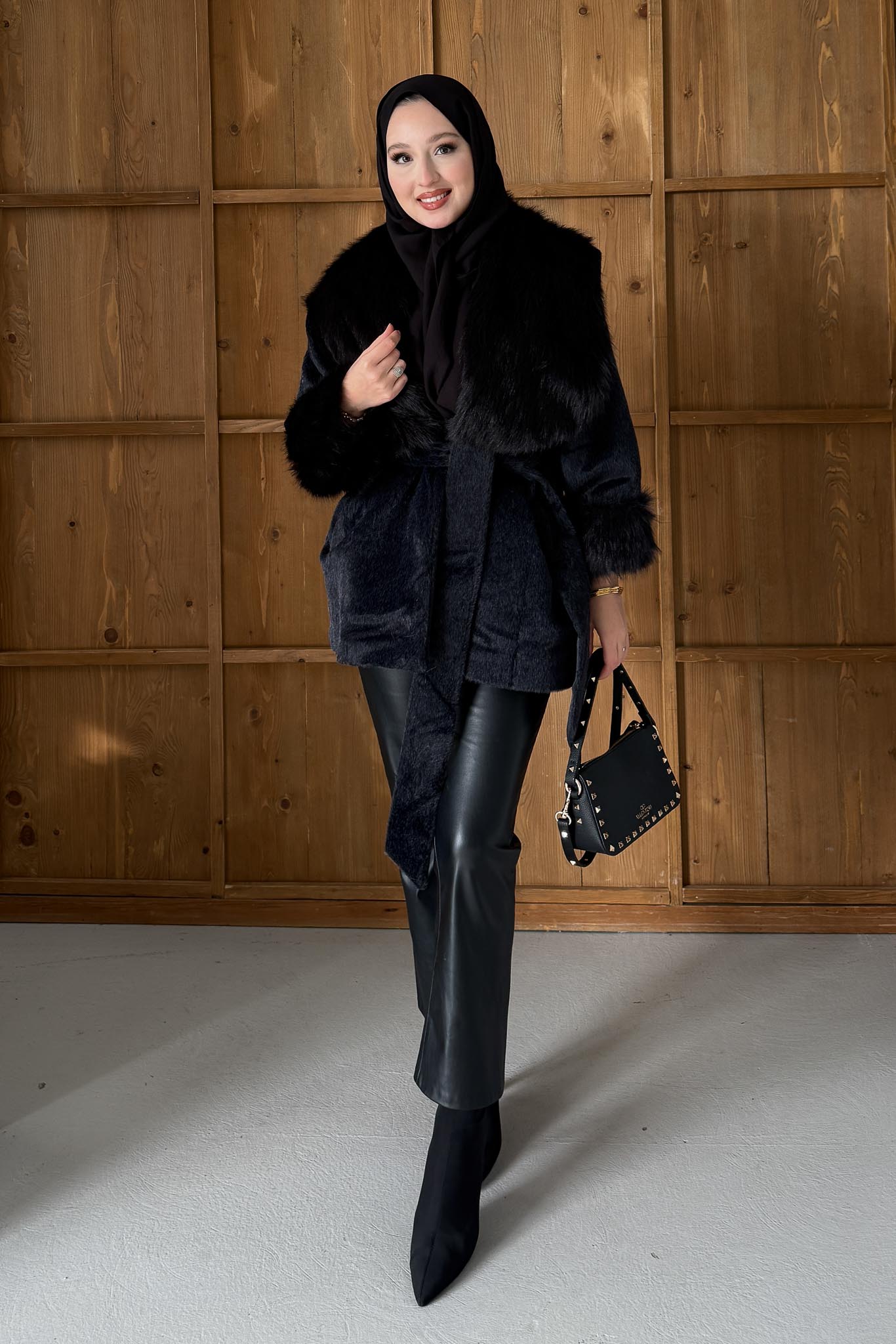 Kürklü Peluş Mont Siyah