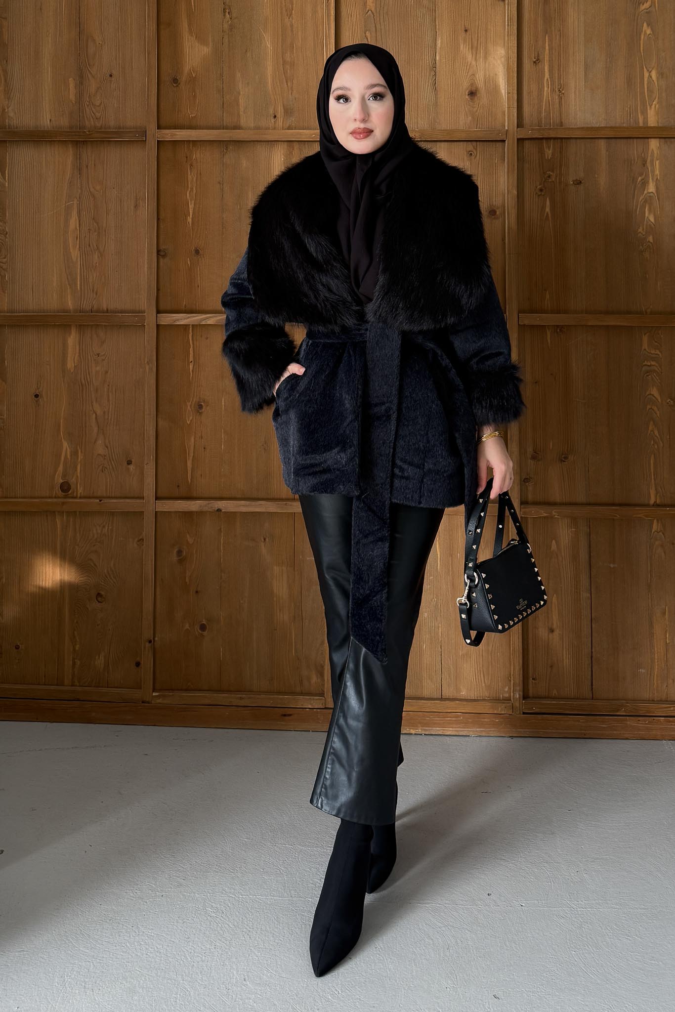 Kürklü Peluş Mont Siyah