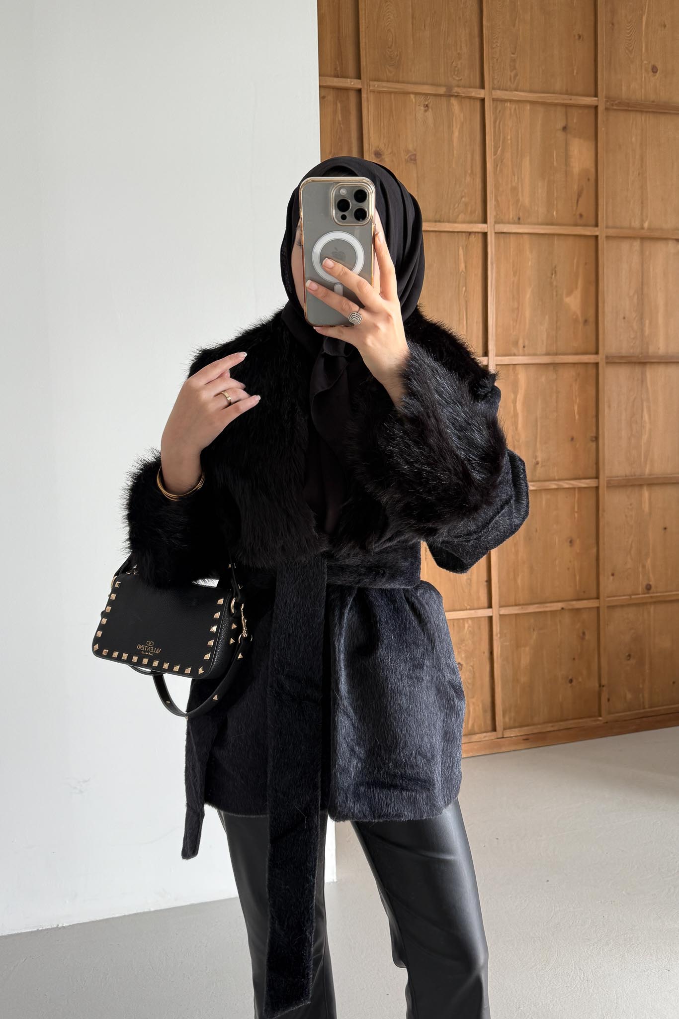 Kürklü Peluş Mont Siyah