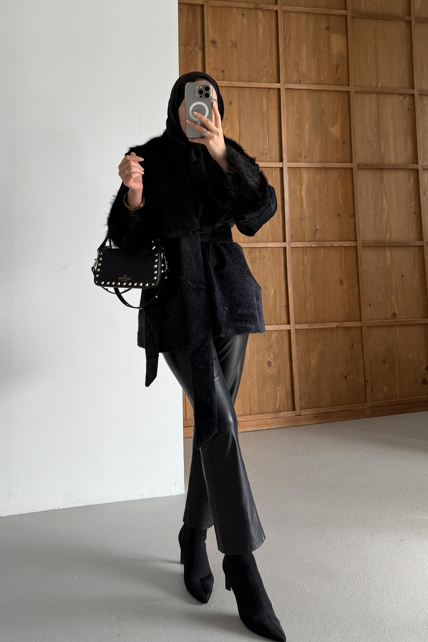 Kürklü Peluş Mont Siyah