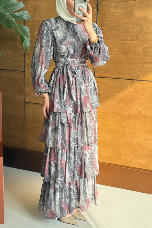 Pinar Desenli Elbise Bordo