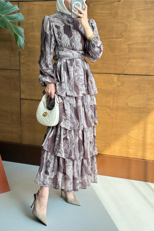 Pinar Desenli Elbise Gri