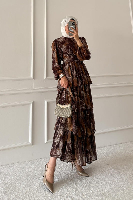 Pinar Desenli Elbise Kahverengi