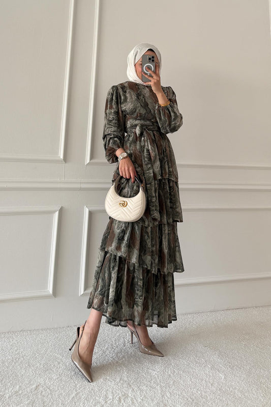 Pinar Desenli Elbise Su Yeşili