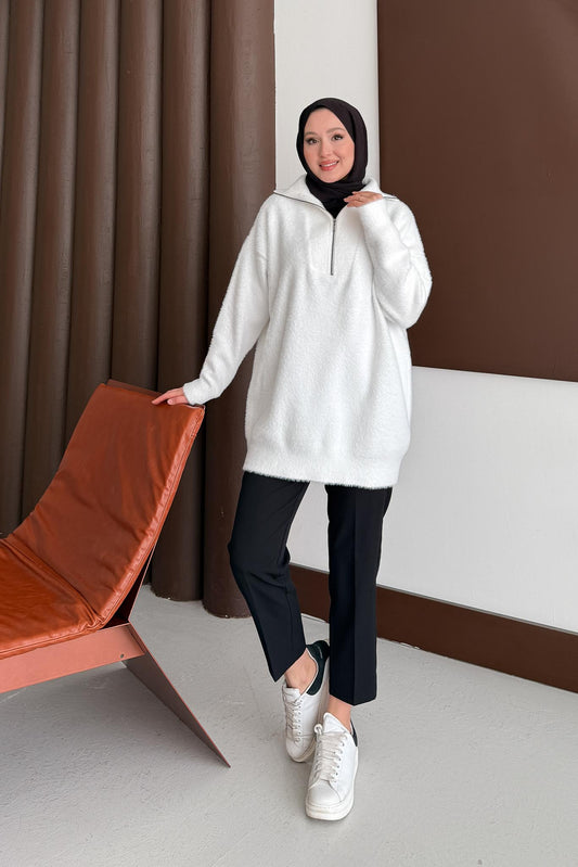 Fermuarlı Angora Kazak Beyaz