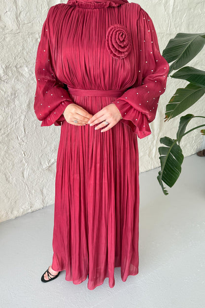Maria İpek Taşlı Elbise Bordo