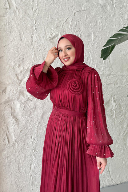 Maria İpek Taşlı Elbise Bordo