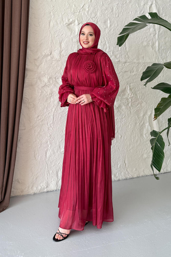 Maria İpek Taşlı Elbise Bordo