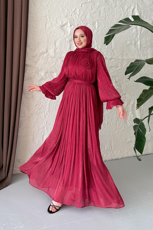 Maria İpek Taşlı Elbise Bordo