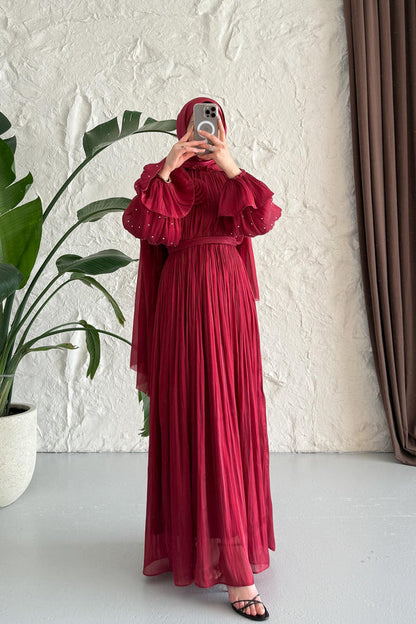 Maria İpek Taşlı Elbise Bordo