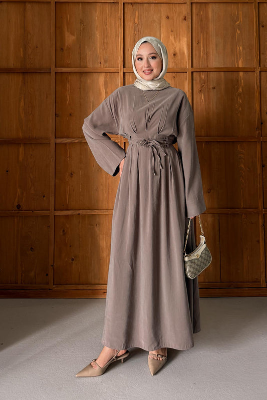 Makas Büzgü Elbise Vizon